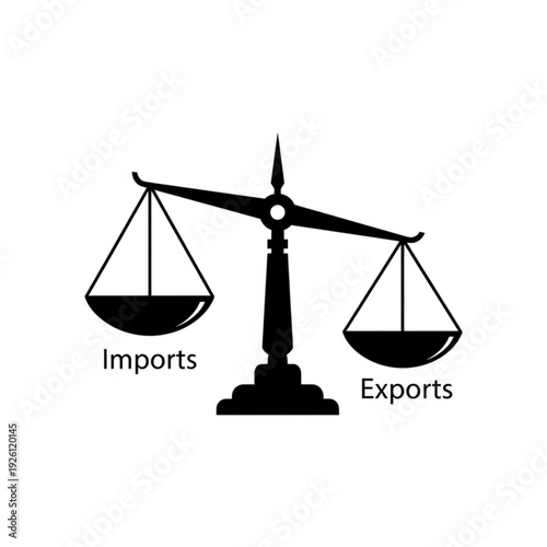 Black silhouette of balance scale with imports and exports text
