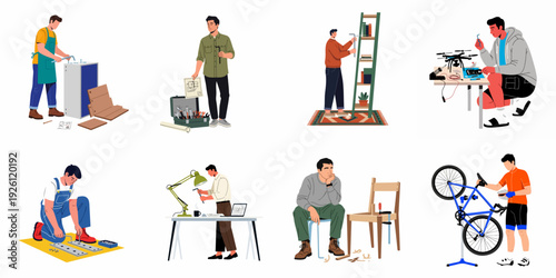 People engaged in a variety of assembly, repair, and DIY projects, including furniture, electronics, and bicycles, demonstrating craftsmanship and problem-solving skills.