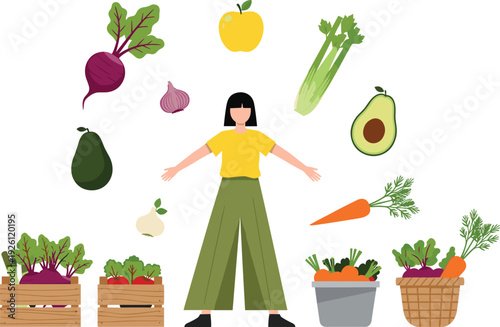 Healthy Vegetables and Fruits Illustration Set with Carrots, Avocado, Celery, Beets, and Fresh Produce for Organic Lifestyle and Healthy Eating