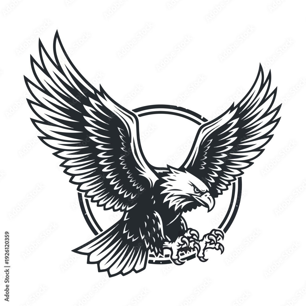 Fototapeta premium Detailed illustration of an eagle with outstretched wings in a circular frame on a white background with monochromatic tones.