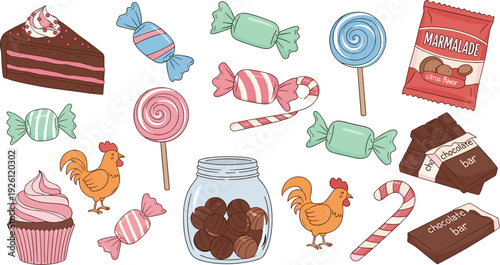 Sweet Treats and Candy Illustration Set with Cake, Cupcakes, Lollipops, Chocolate, and Marmalade for Dessert and Sweets Graphics