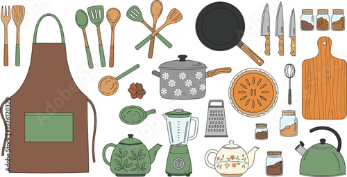 Kitchen Utensils and Appliances Illustration Set with Apron, Cookware, Teapot, Blender, Knives, and Wooden Utensils for Cooking and Baking Graphics
