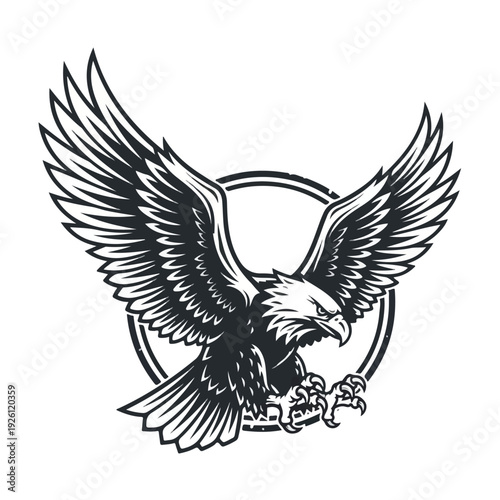 Detailed illustration of an eagle with outstretched wings in a circular frame on a white background with monochromatic tones.