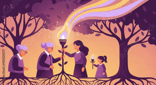 Family passing down knowledge and tradition through generations with a lit torch symbolizing heritage and legacy