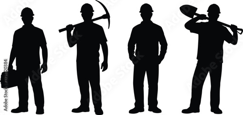 Construction Workers Silhouette Set with Hard Hats, Toolbox, Pickaxe and Shovel Isolated on White Background, Industrial Labor and Engineering Workforce Concept