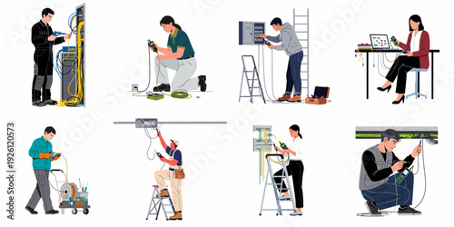 Professionals installing and maintaining electrical and network systems, including data cabling, fiber optics, and power distribution, using specialized tools and equipment for testing and connection.