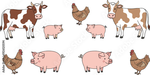 Farm Animal Illustration Set with Cows, Pigs, and Chickens for Rural Life, Agriculture, and Animal Care Graphics