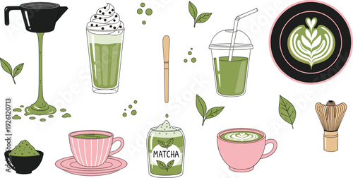 Matcha Tea and Green Tea Beverage Illustration Set with Cups, Glasses, Leaves, Whisk, and Powder for Healthy Lifestyle and Organic Drinks