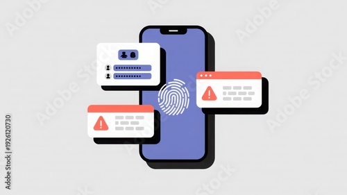 Mobile phone security concept with fingerprint authentication, login form, and error pop-up windows for data protection and cyber safety