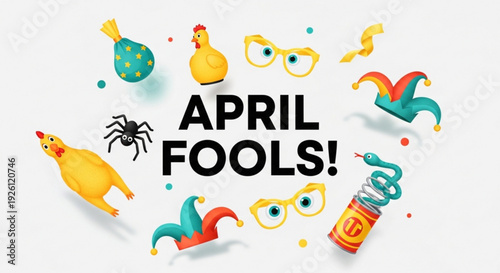 Colorful april fools' day celebration with props and accessories arranged in a festive circle on a white background
