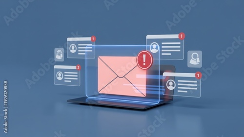 Email notification concept with red envelope, exclamation mark, and multiple message windows floating above a laptop on a blue background, symbolizing urgent communication and digital alerts.