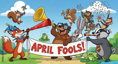 Cartoon animals celebrate april fools' day with banner and party accessories in a sunny outdoor setting