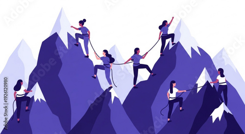 Team of people climbing mountain with ropes teamwork and cooperation concept purple and white illustration