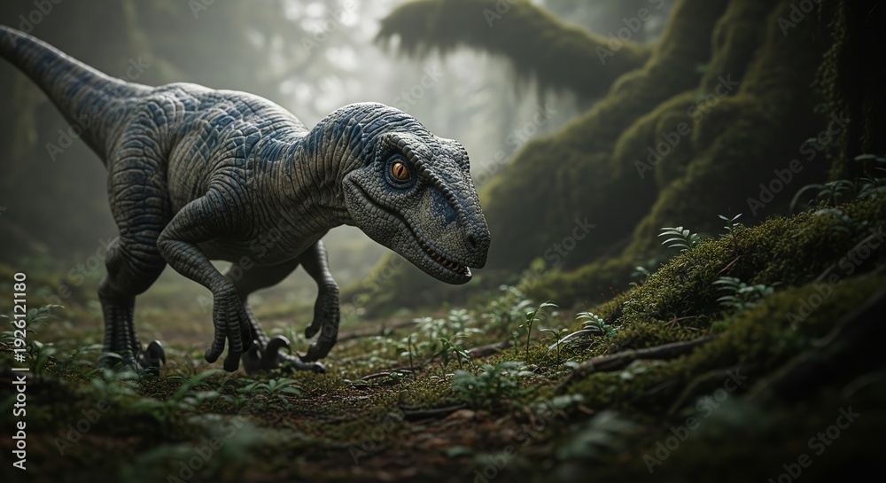 Fototapeta premium A realistic depiction of a Velociraptor dinosaur exploring a lush, moss-covered jungle environment with a focus on its predatory features and intelligent gaze