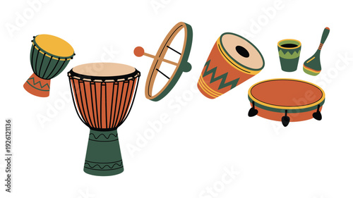 Drum colorful illustration with various percussion instruments and shapes