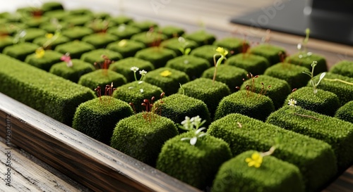 Sustainable Technology Concept Moss Covered Computer Keyboard with Flowers