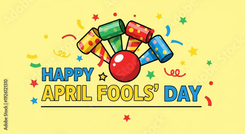 Colorful april fools' day celebration with confetti and party poppers on yellow background