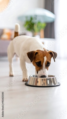 A dog eating from a metal bowl on a wooden floor indoors