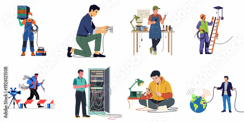 IT and Electrical Technicians: A Comprehensive Set of Illustrations Depicting Professionals Working with Cables, Networks, Installation, Repair, and Global Connectivity.