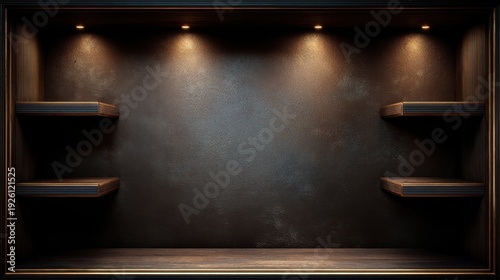 Dark Wooden Shelf with Wall Lights for Display or Decoration