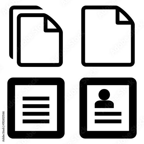 A collection of minimalist black and white line icons for digital file management. This set includes a "Duplicate/Copy" document icon, a blank document template, a text-alignment/content icon, and a u