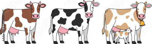 Farm Cow Breeds Collection with Dairy Cattle and Calf Cartoon Style Farm Animal Vector Illustration Set