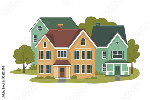 A colorful illustration of three houses with trees and green grass