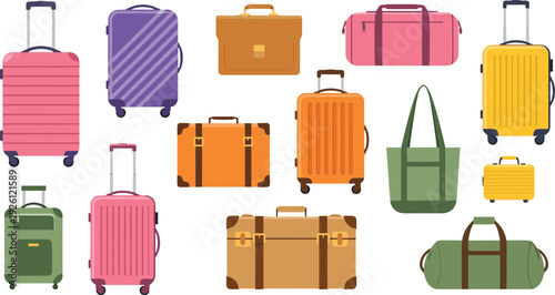 Colorful Travel Luggage Set with Suitcases, Duffel Bags, Trolley Cases and Vintage Trunks Flat Vector Illustration Collection