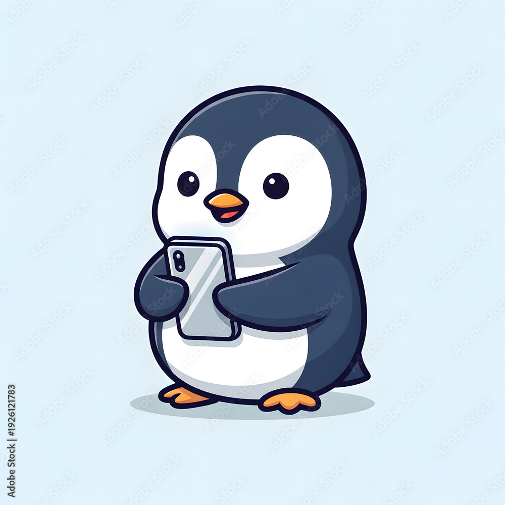 Fototapeta premium Cute cartoon penguin character holding a smartphone and looking at the screen with a happy expression