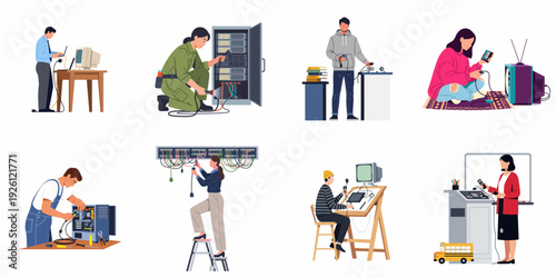 Connecting and maintaining diverse electronic devices, from vintage TVs to modern servers, highlighting IT support, repairs, and technical work across different eras.