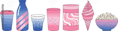 Colorful Dessert and Beverage Vector Set Featuring Milkshake, Soda, Smoothie, Ice Cream Cone and Popcorn Bowl Illustration