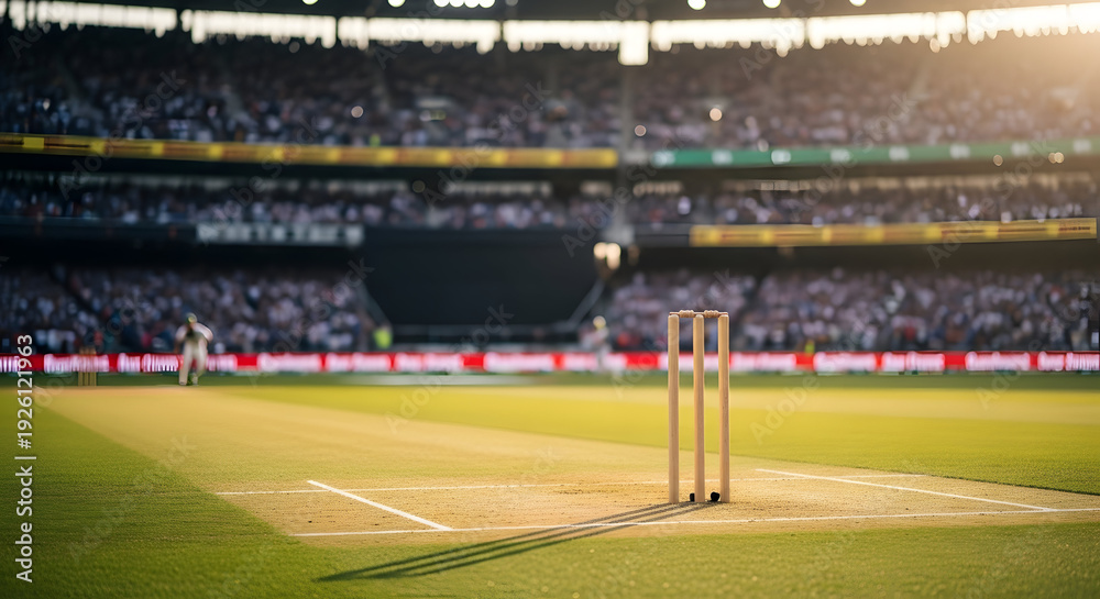 Fototapeta premium Cricket Stadium with Wickets in Bright Sunny Lighting on Green Grass Field for Sports Event