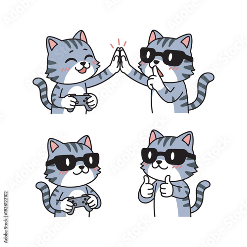 Cool cartoon cats in sunglasses giving high five and thumbs up on white background