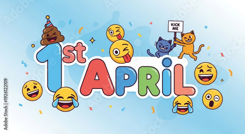 Colorful april fools' day emoticons and cats on blue background with confetti