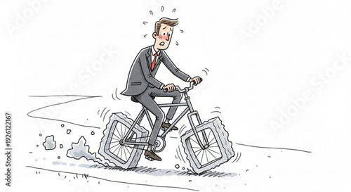 Businessman riding bicycle with square wheels frustrated expression suit and tie motion blur comedic illustration