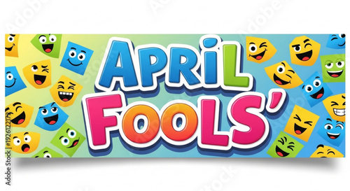 Colorful april fools' day banner with laughing emojis on gradient background