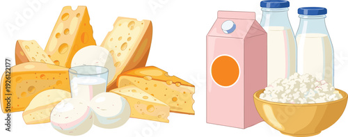 Cheese and Milk Dairy Products Collection with Cottage Cheese Bowl and Fresh Farm Ingredients Vector Illustration Set