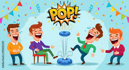 Four friends laughing and celebrating with a popping blue party popper surrounded by colorful confetti and bunting