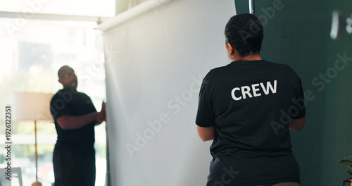 Εκτύπωση καμβά Backdrop, crew and set up with people in film studio for creative coordination or photoshoot production