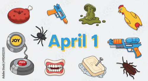 April fools' day icons and symbols with prank items and joyful expressions on a light background
