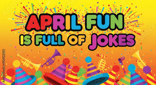 Vibrant april fools' day celebration background with colorful party hats and confetti