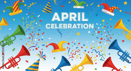 Vibrant april celebration background with colorful party horns confetti and hats on blue gradient