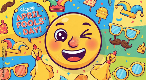 Smiling emoji face with april fools' day celebration background and funny cartoon characters