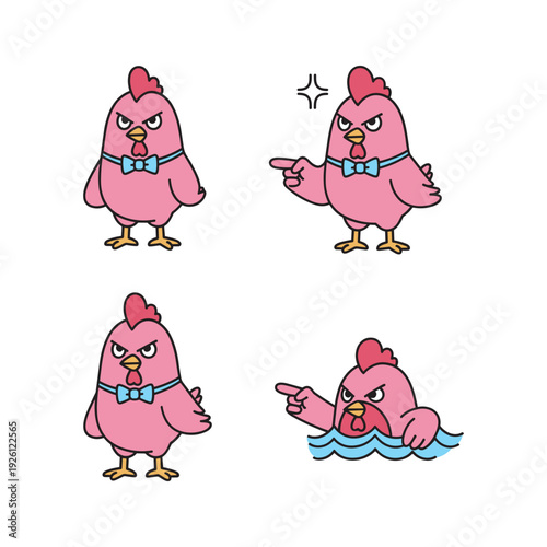 Angry cartoon chicken character in various poses with copy space