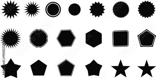 A diverse collection of black geometric shapes, including various starbursts, polygons, and stars, presented as vector icons on a clean white background.