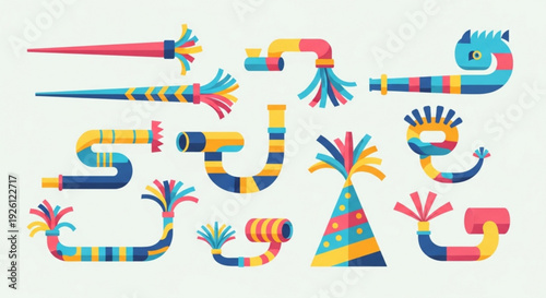 Colorful party streamers and decorations in festive shapes and designs on light background