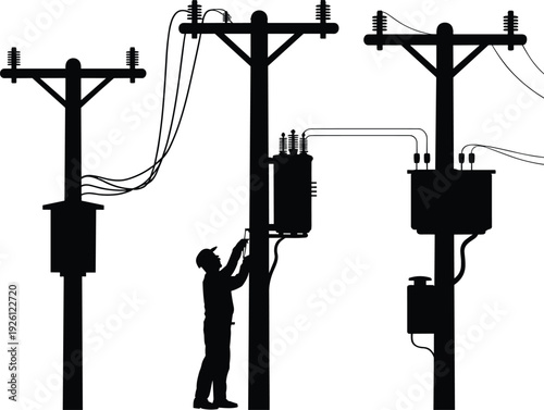 Electric Utility Worker Repairing Transformer on Power Pole Silhouette with Overhead Lines and Insulators, Electrical Maintenance and Energy Distribution Infrastructure Concept