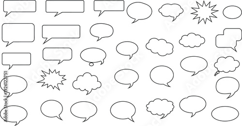 A large collection of various speech bubbles, thought bubbles, and burst shapes in outline form, perfect for graphic design elements.
