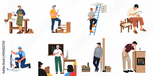 Collection of carpenters, woodworkers, and handymen using various saws for construction, craftsmanship, and repair tasks, highlighting skilled labor and DIY projects.