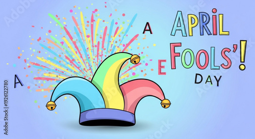 Colorful jester hat with april fools' day text and confetti on blue background